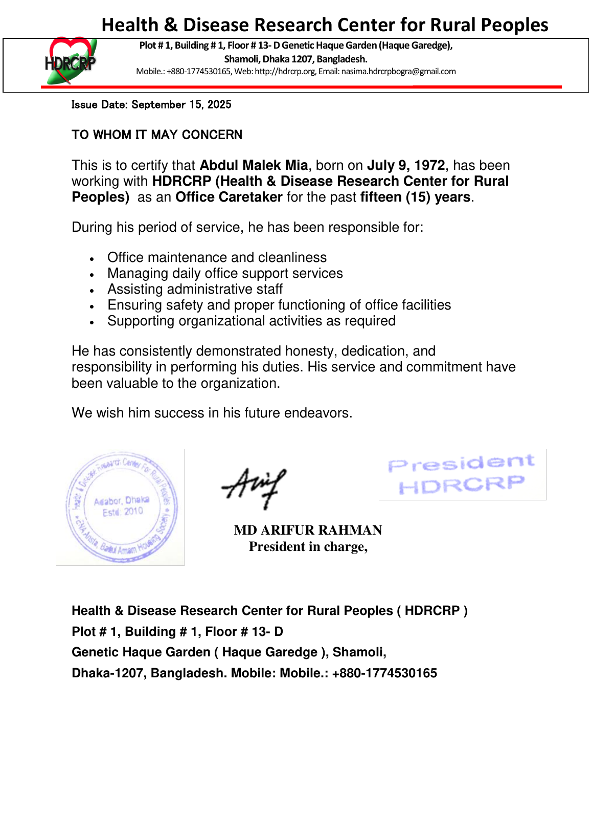 Certificate of Md. Abdul Malek Mia