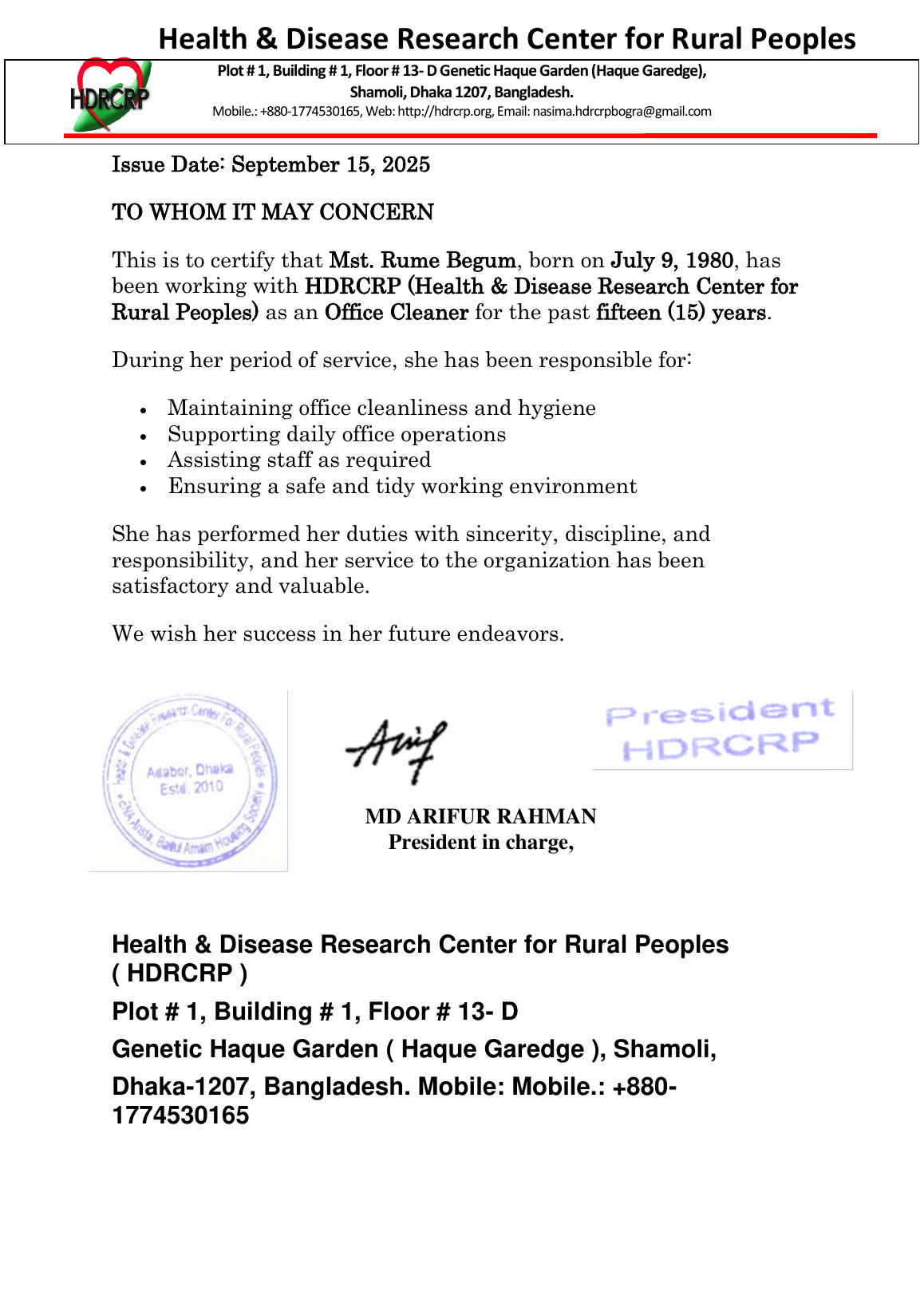 Certificate of Mst. Rume Begum