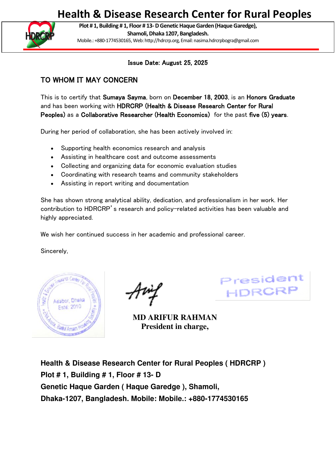 Certificate of Sumaiya Sayma